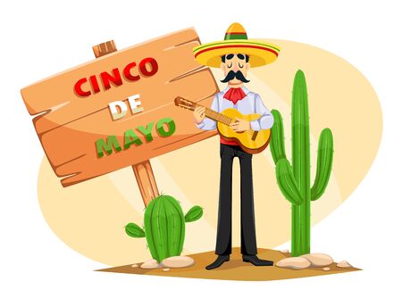 Cinco De Mayo greeting card with Mexican man in sombrero playing the guitar. Funny cartoon character. Vector illustrationのイラスト素材