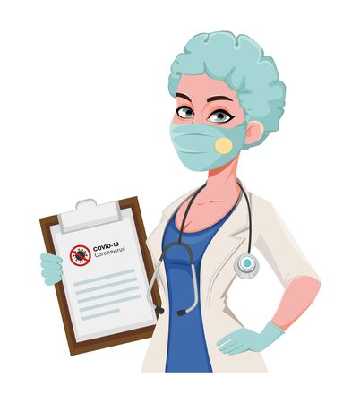 Woman doctor working in the hospital during coronavirus outbreak Covid-19. Female medical doctor cartoon character in protective workwear. Vector illustrationのイラスト素材