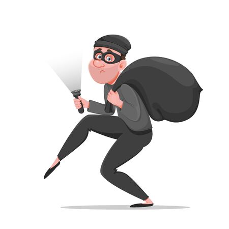 Cartoon thief walking carefully, bandit carries sack with money. Funny burglar. Vector illustration on white backgroundのイラスト素材
