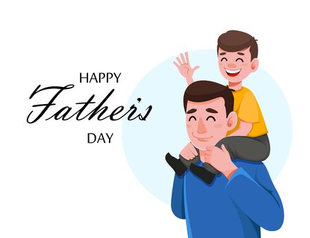 Happy Father's day greeting card. Handsome dad holding his son on shoulders. Vector illustration on white backgroundのイラスト素材