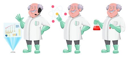 Professor cartoon character, set of three poses. Usable also as scientist, chemist, laboratory assistant, inventor, teacher etc. Vector illustration on white backgroundのイラスト素材
