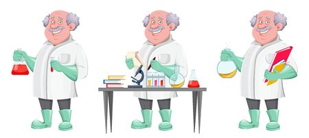 Professor cartoon character, set of three poses. Usable also as scientist, chemist, laboratory assistant, inventor, teacher etc. Vector illustrationのイラスト素材