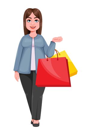 Happy Large business woman, woman of plus size goes shopping. Cheerful chubby businesswoman cartoon character. Vector illustrationのイラスト素材