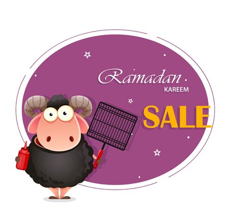 Eid al-Adha Mubarak. Traditional Muslim holiday. Kurban Bayrami. Funny cartoon character ram with ketchup and barbeque grid. Vector illustration for sale, discountのイラスト素材