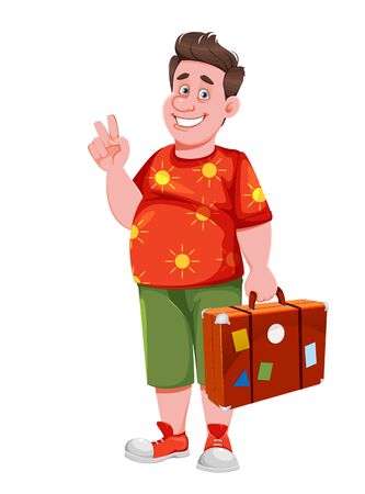 Happy smiling traveler. Cheerful tourist cartoon character. Vector illustrationのイラスト素材
