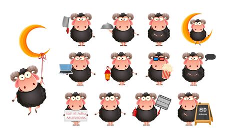 Eid al-Adha Mubarak. Traditional Muslim holiday. Kurban Bayrami. Funny cartoon character ram, set of thirteen poses. Vector illustration on white backgroundのイラスト素材