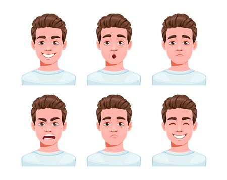 Face expressions of handsome man cartoon character, set of six emotions. Different male emotions set. Young guy. Vector illustration isolated on white background.のイラスト素材