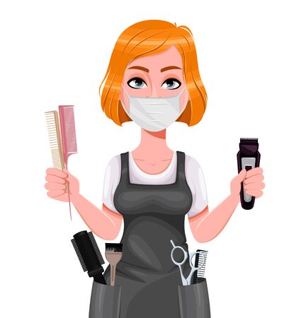 Beautiful redhead girl hairdresser holds hair electric shaver. Cute woman barber in protective mask. Female hairstylist cartoon character. Vector illustrationのイラスト素材