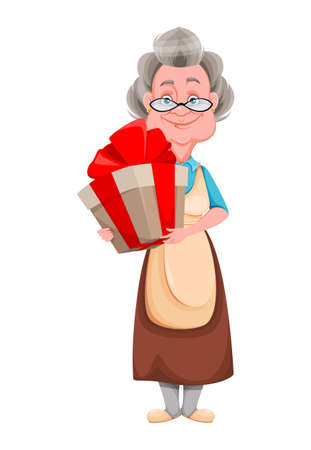 Happy Grandparents day. Kind Granny with big gift box. Cute old woman. Cheerful grandmother cartoon character. Vector illustration isolated on white backgroundのイラスト素材