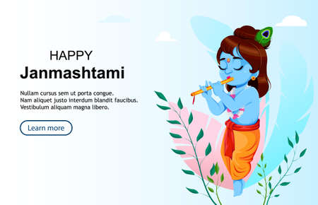 Happy Krishna Janmashtami. Lord Krishna playing flute. Happy Janmashtami festival of India. Usable for website, landing page etc. Vector illustrationのイラスト素材