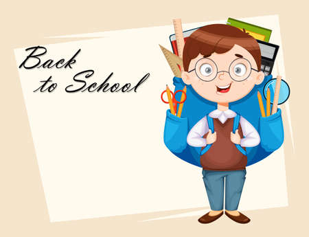 Back to school greeting card. Cute schoolboy with big backpack. Funny boy cartoon character. Vector illustrationのイラスト素材