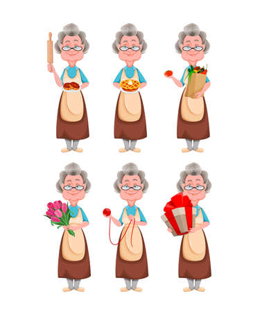 Happy Grandparents day, set of six poses. Cute smiling old woman. Cheerful grandmother cartoon character. Vector illustrationのイラスト素材