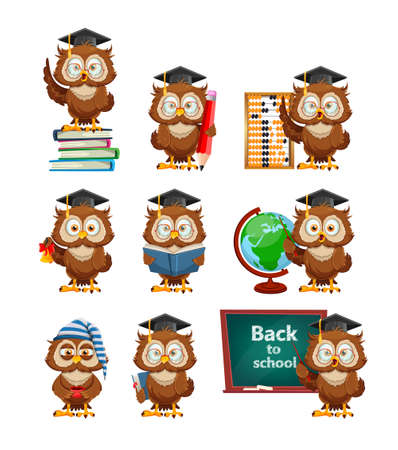 Cute wise owl, set of nine poses. Funny owl cartoon character, back to school concept. Vector illustrationのイラスト素材