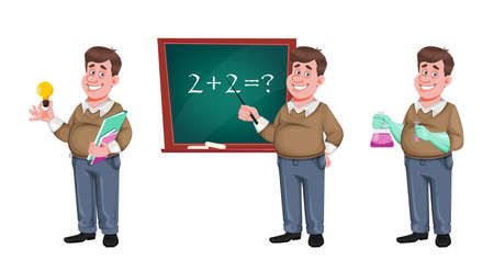 Back to school. Cheerful male teacher, set of three poses. Handsome teacher cartoon character. Vector illustration isolated on white backgroundのイラスト素材