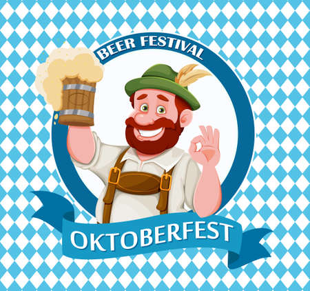 Man in Bavarian clothes, funny cartoon character. Munich beer festival Oktoberfest. Vector illustration on bright blue backgroundのイラスト素材