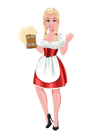 German girl in traditional costume on Oktoberfest. Beautiful lady cartoon character serving beer. Vector illustration on white backgroundのイラスト素材