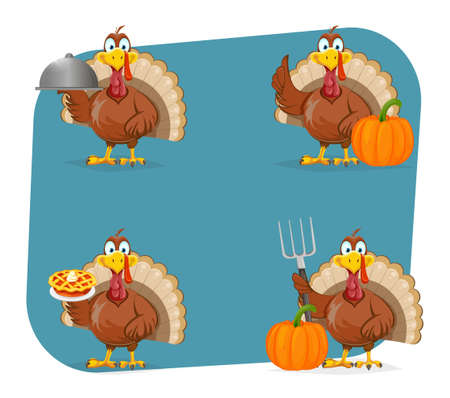 Happy Thanksgiving Day. Funny Thanksgiving Turkey bird, set of four poses. Vector illustrationのイラスト素材
