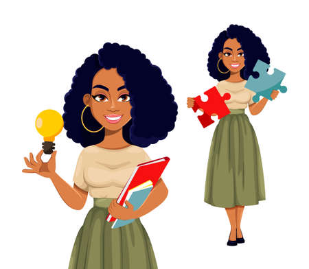 Attractive African American business woman having a rest, set of two poses. Cute African-American businesswoman cartoon character. Vector illustrationのイラスト素材