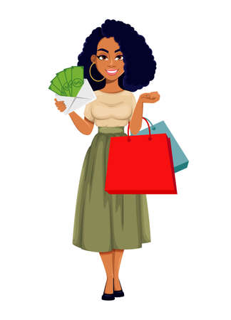 Beautiful African American business woman with money and shopping bags. Cute African-American businesswoman cartoon character. Vector illustration on white backgroundのイラスト素材
