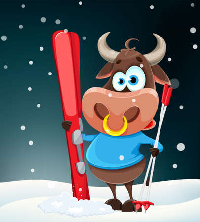 Merry Christmas greeting card. Cute bull, the symbol of Chinese New Year 2021. Buffalo cartoon character standing with skis. Vector illustrationのイラスト素材