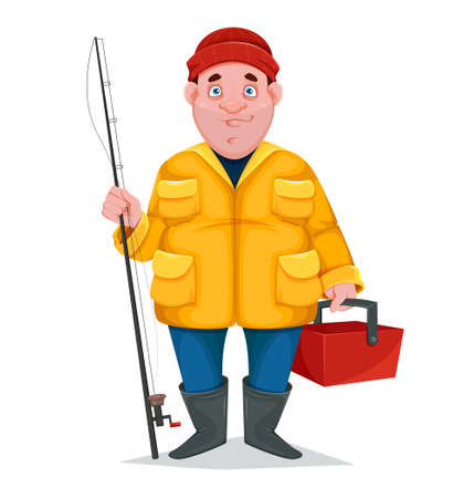 Fisherman, funny cartoon character. Vector illustration isolated on white backgroundのイラスト素材