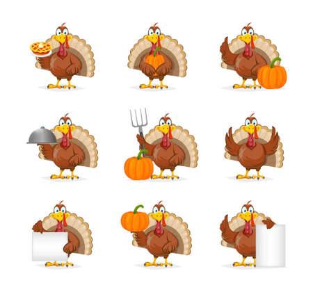 Happy Thanksgiving Day. Funny Thanksgiving Turkey bird, set of nine poses. Vector illustrationのイラスト素材
