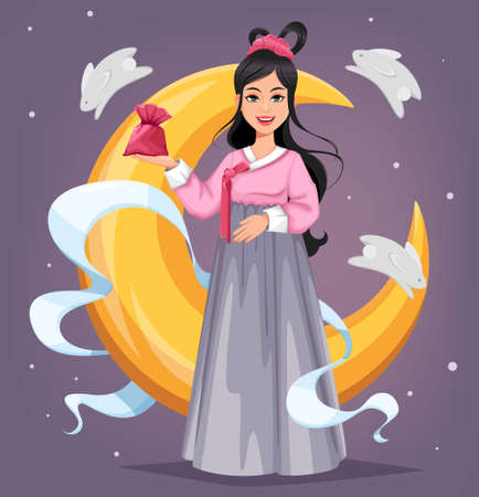 Chuseok Hangawi greeting card, Korean Thanksgiving day, mid-autumn festival. Beautiful Korean woman. Vector illustrationのイラスト素材
