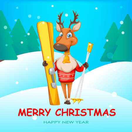 Merry Christmas and Happy New Year greeting card. Cute deer cartoon character in warm sweater holding skis. Vector illustrationのイラスト素材