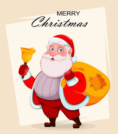 Merry Christmas and Happy New Year greeting card. Cheerful Santa Claus holding hand bell and sack with presents. Vector illustrationのイラスト素材