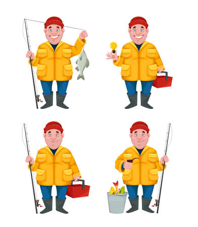 Fisherman, funny cartoon character, set of four poses. Vector illustration isolated on white backgroundのイラスト素材