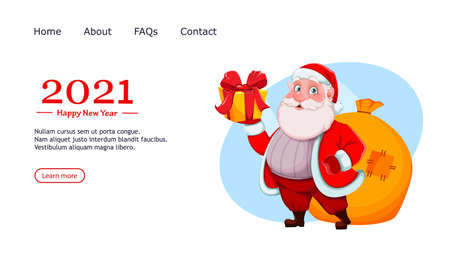 Merry Christmas and Happy New Year. Cheerful Santa Claus holding gift box. Vector illustration, usable for website, landing page etc.のイラスト素材