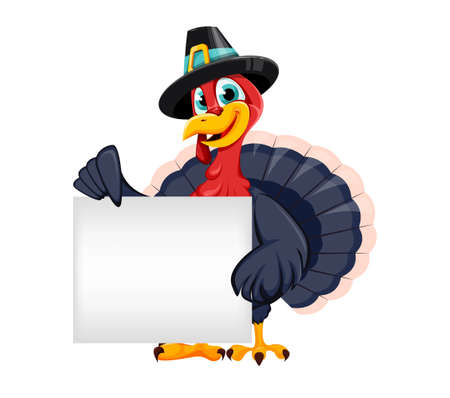 Happy Thanksgiving Day. Funny Thanksgiving Turkey bird cartoon character holding blank placard. Vector illustration on white backgroundのイラスト素材