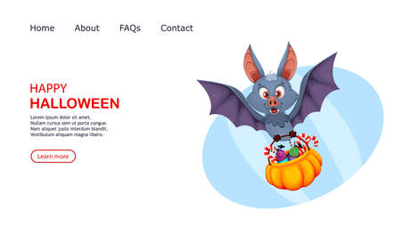 Happy Halloween. Funny bat cartoon character carrying basket with candies. Vector illustration, usable for website, landing page etc.のイラスト素材