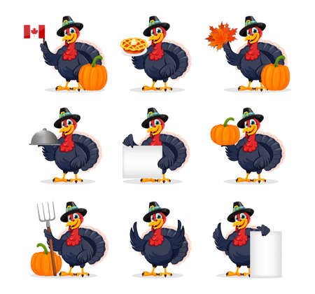 Happy Thanksgiving Day. Funny Thanksgiving Turkey bird cartoon character, set of nine poses. Vector illustration on white backgroundのイラスト素材
