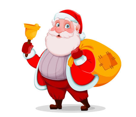 Merry Christmas and Happy New Year greeting card. Cheerful Santa Claus holding hand bell and sack with presents. Vector illustration on white backgroundのイラスト素材