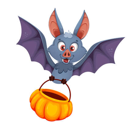 Happy Halloween. Funny bat cartoon character carrying basket. Vector illustration isolated on white backgroundのイラスト素材