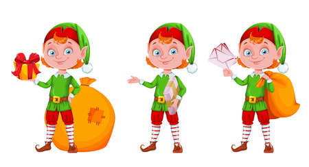 Cute Christmas elf cartoon character, set of three poses. Merry Christmas and Happy New Year. Vector illustrationのイラスト素材
