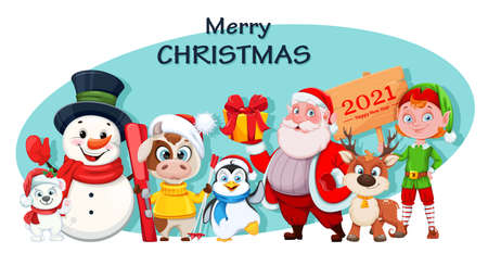 Merry Christmas and Happy New Year greeting card. Cute polar bear, Snowman, Bull, Penguin, Santa Claus, Deer and Elf. Cheerful cartoon characters. Vector illustrationのイラスト素材