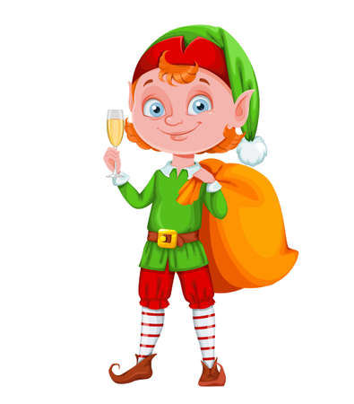 Cute Christmas elf cartoon character holding a glass of champagne. Merry Christmas and Happy New Year. Vector illustration on white backgroundのイラスト素材