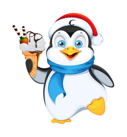 Cute penguin holding ice-cream. Merry Christmas and Happy New Year. Funny penguin cartoon character. Vector illustration on white background.のイラスト素材