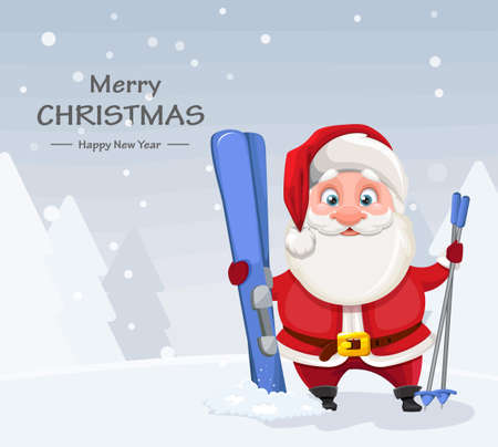 Merry Christmas and Happy New Year greeting card. Cheerful Santa Claus standing with skis. Vector illustrationのイラスト素材