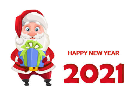 Santa Claus holding gift box. Cheerful Santa cartoon character. Happy New Year greeting card. Vector illustrationのイラスト素材