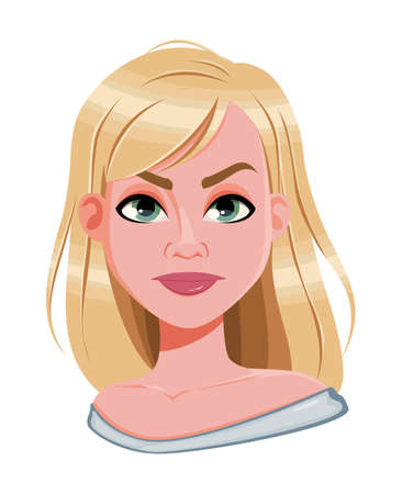 Facial expression of pretty woman, disappointed. Female emotion. Cute cartoon character. Vector illustration on white background.のイラスト素材