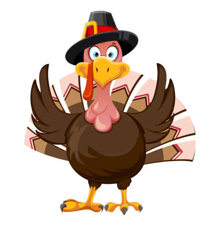 Happy Thanksgiving Day greeting card. Funny cartoon character Thanksgiving Turkey bird chef. Vector illustration isolated on white backgroundのイラスト素材
