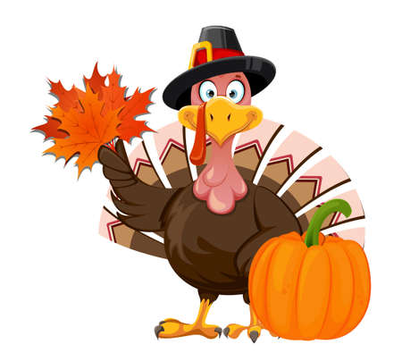 Happy Thanksgiving Day greeting card. Funny cartoon character Thanksgiving Turkey bird holding maple leaves. Vector illustration isolated on white backgroundのイラスト素材