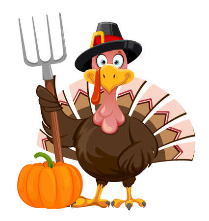 Happy Thanksgiving Day greeting card. Funny cartoon character Thanksgiving Turkey bird holding pitchfork. Vector illustration isolated on white backgroundのイラスト素材