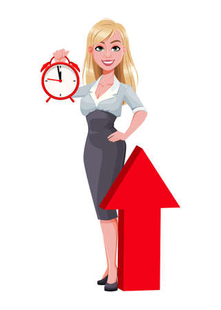 Business woman holding alarm clock. Beautiful businesswoman cartoon character. Vector illustration on white backgroundのイラスト素材