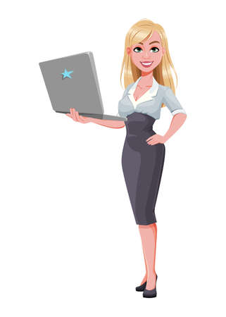 Business woman holding laptop. Beautiful businesswoman cartoon character. Vector illustration on white backgroundのイラスト素材