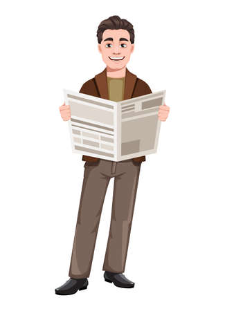 Stock vector businessman cartoon character in flat style. Young handsome business man holding newspaper. Vector illustrationのイラスト素材