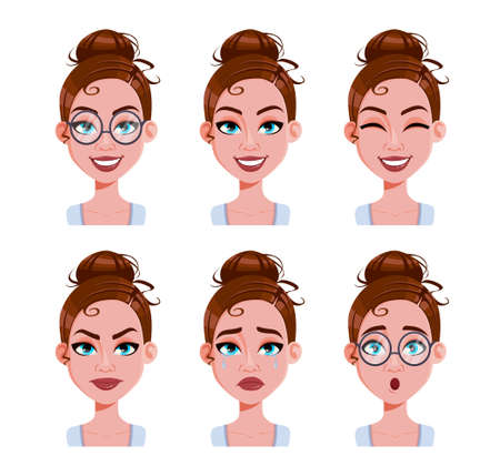 Stock vector. Face expressions of woman with brown hair. Different female emotions set. Beautiful cartoon character in flat style. Vector illustrationのイラスト素材